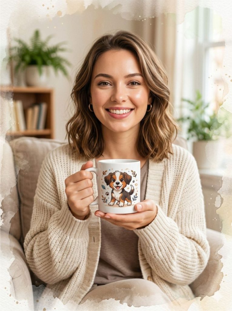 portrait of a smiling young woman seated indoors, holding a custom printed ceramic mug.